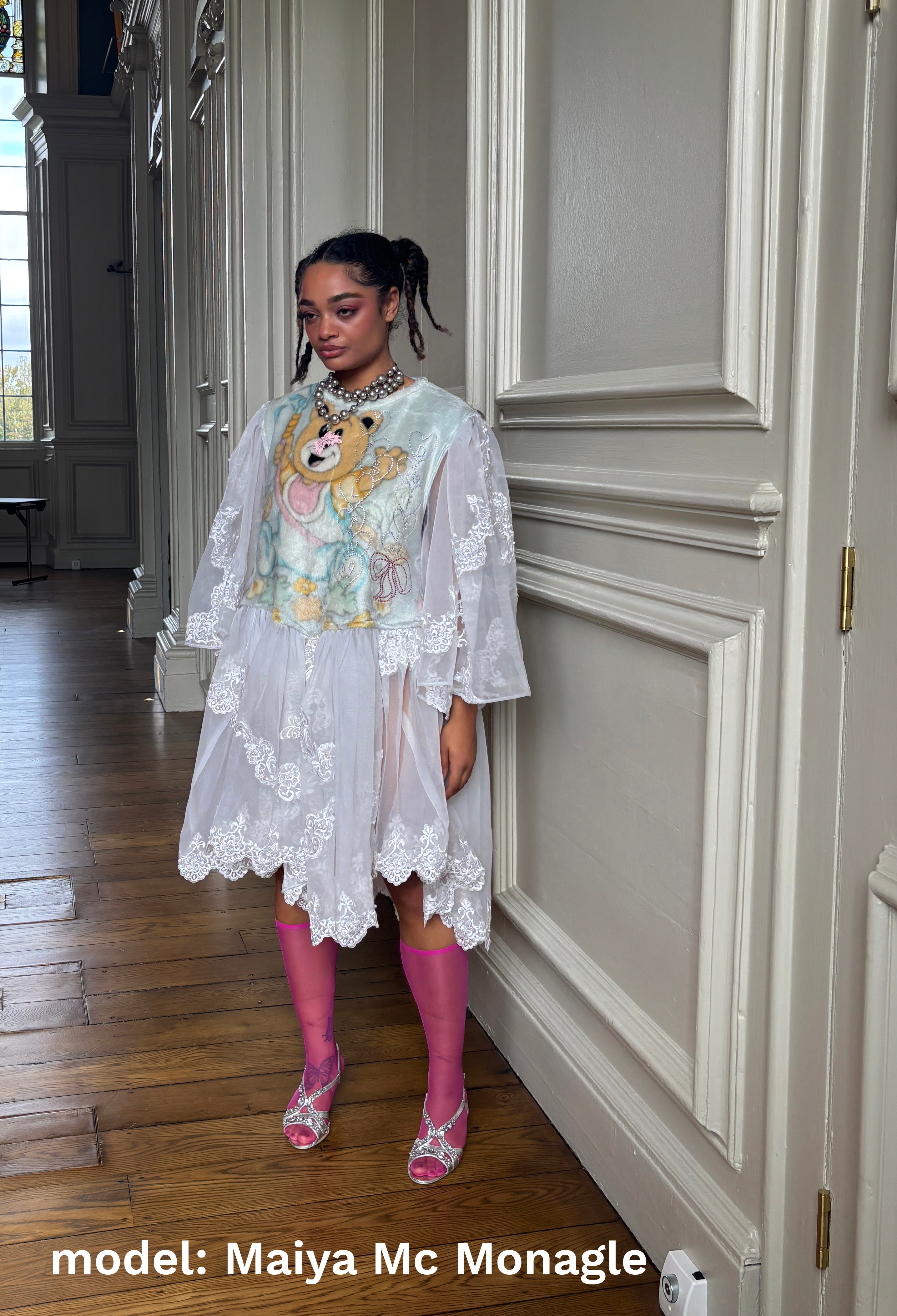 Rhinestone Fleece Sheer Lace Dress