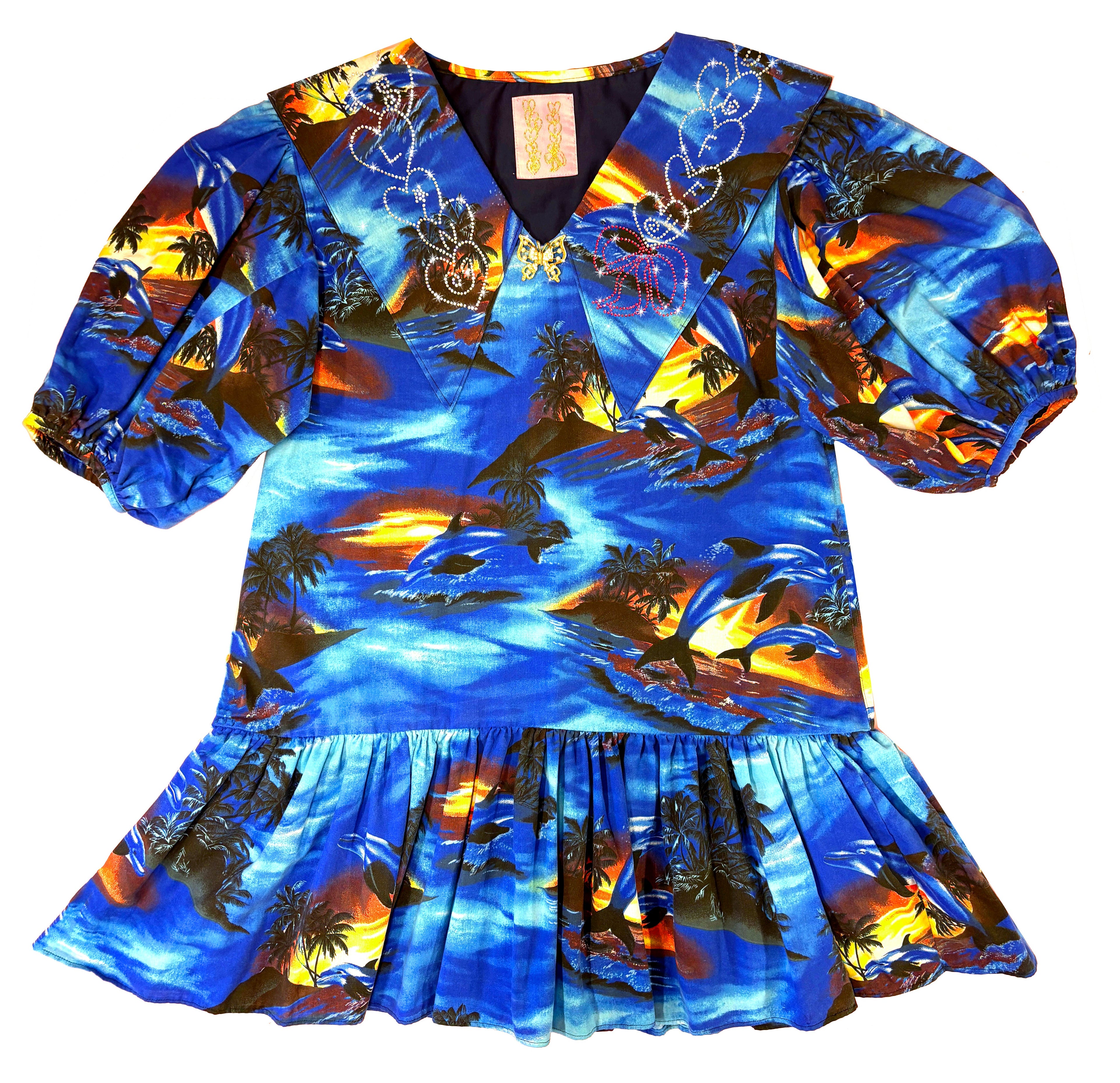 Sunset Dolphin Party Dress with Rhinestone Collar