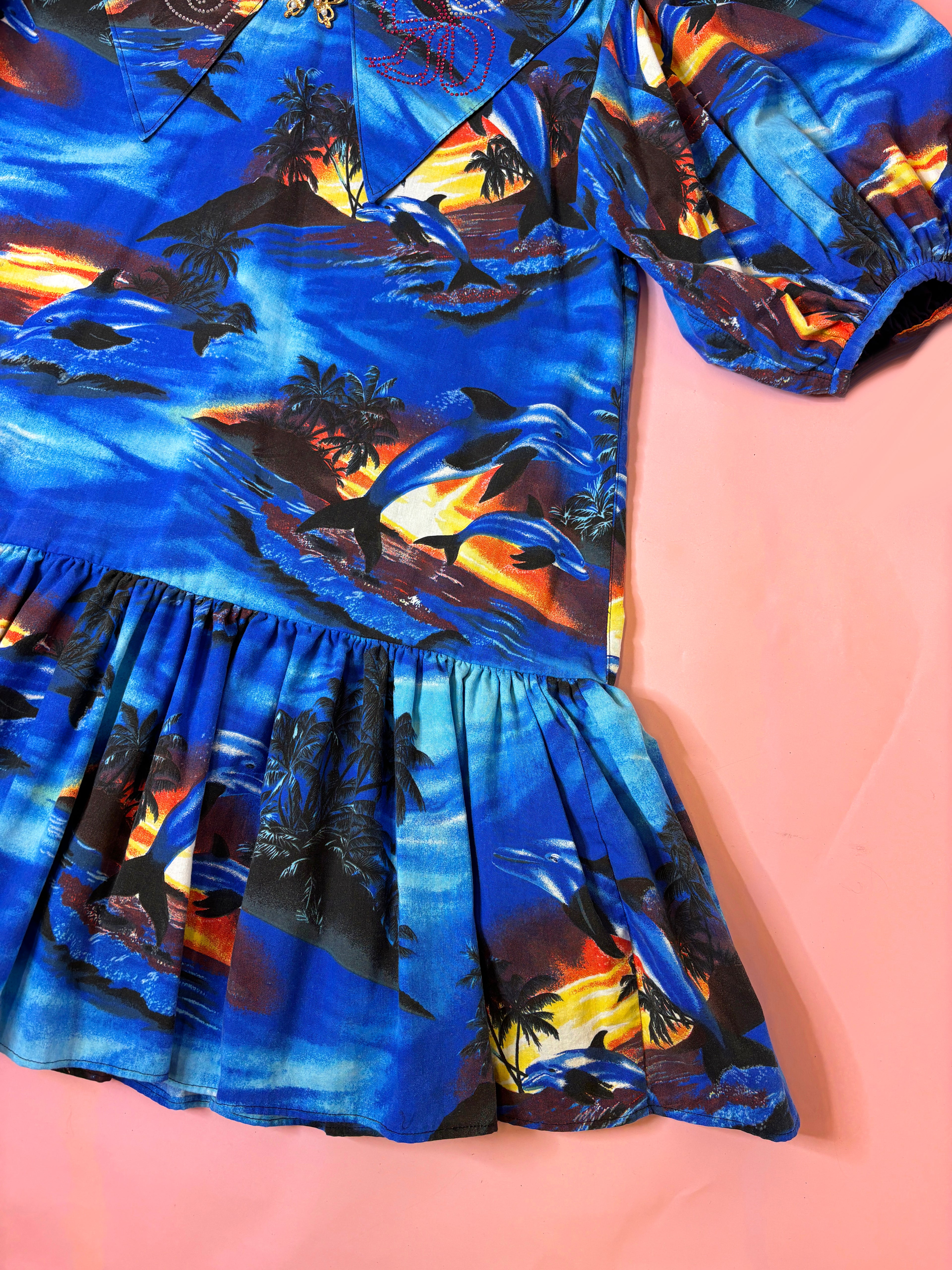 Sunset Dolphin Party Dress with Rhinestone Collar