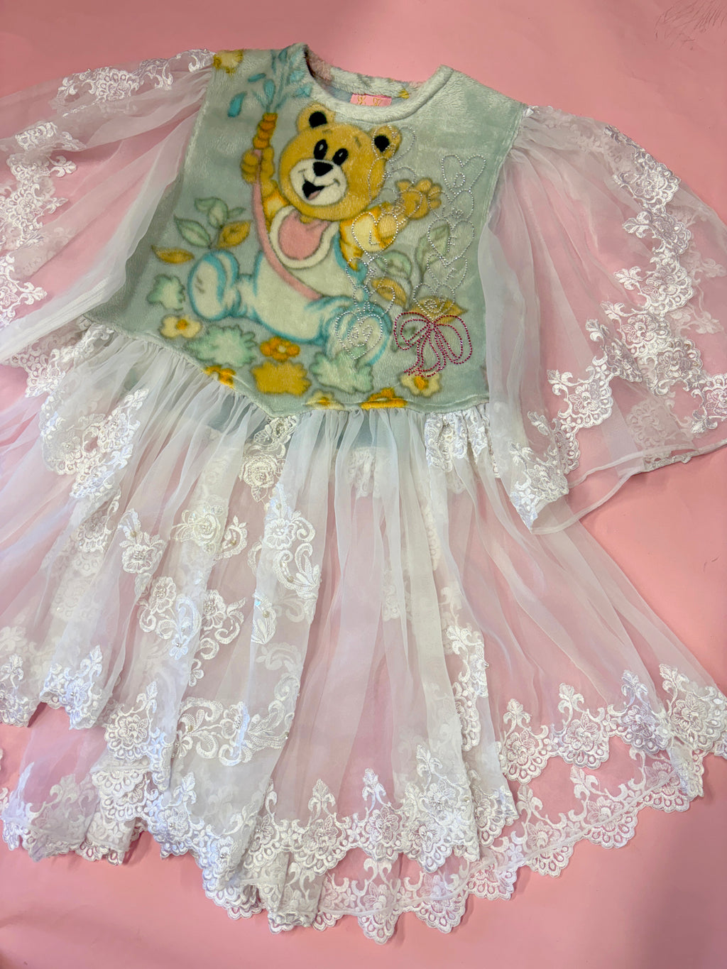 Rhinestone Fleece Sheer Lace Dress