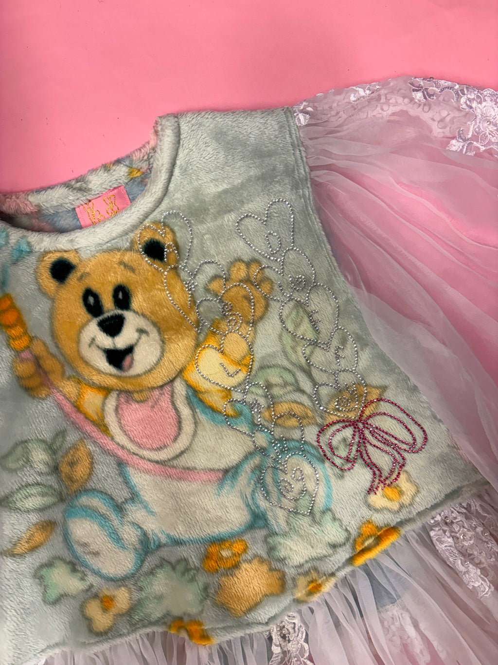 Rhinestone Fleece Sheer Lace Dress