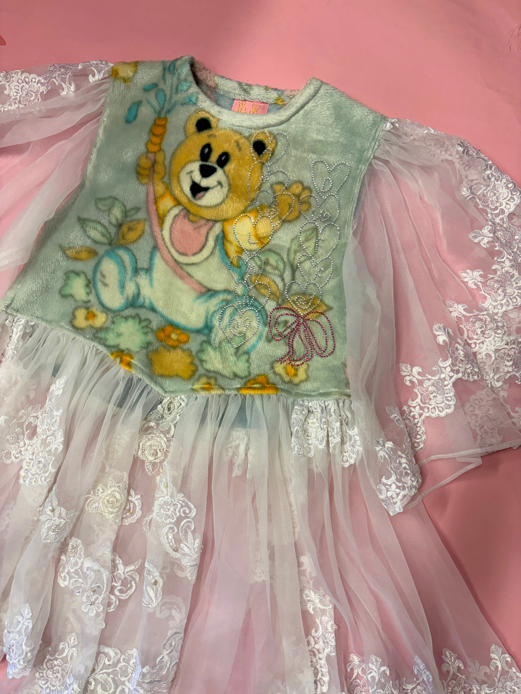 Rhinestone Fleece Sheer Lace Dress