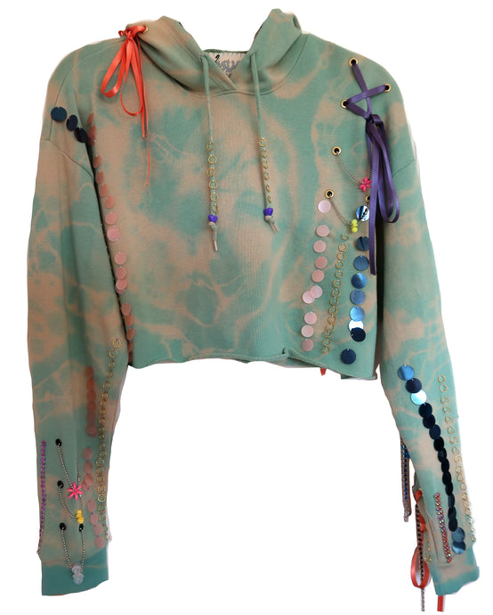 AW20 Cropped Embellished Hoodie Turquoise