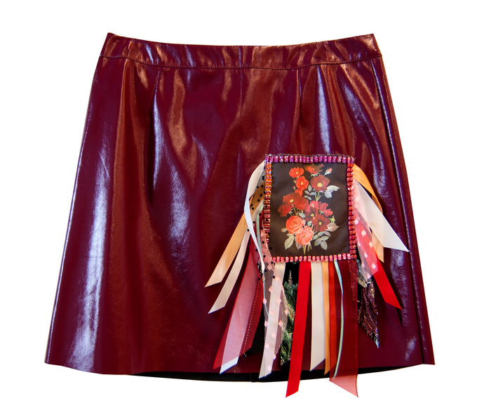 AW20 Blood Red Diamonte & Ribbon Patch Vinyl Skirt ★𝙐𝙥𝙘𝙮𝙘𝙡𝙚𝙙 𝙎𝙠𝙞𝙧𝙩 ★
